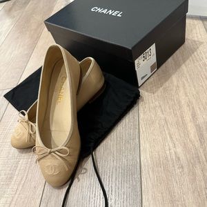CHANEL Caviar CC Cap Toe Ballerina Flats 36 Beige
